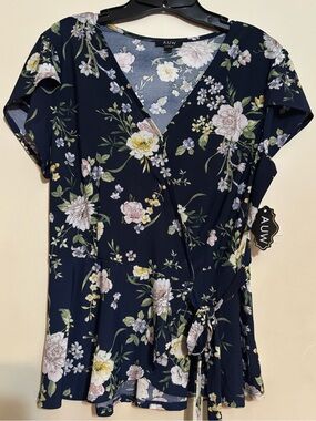 AUW Navy Blue Floral Scoop Neck Blouse